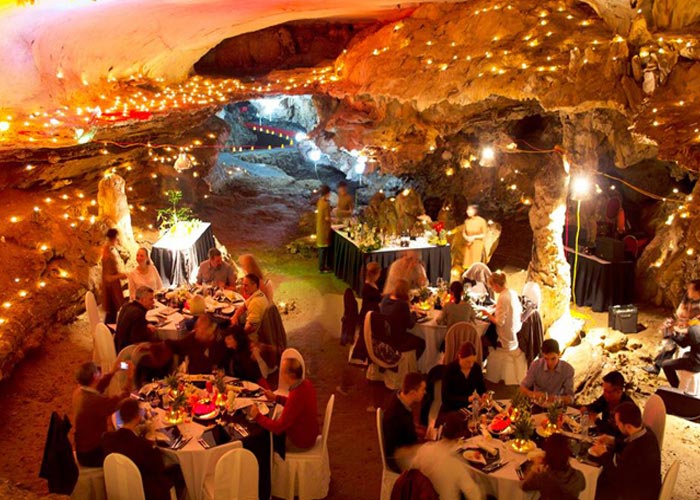 Dining in a cave in Halong Bay